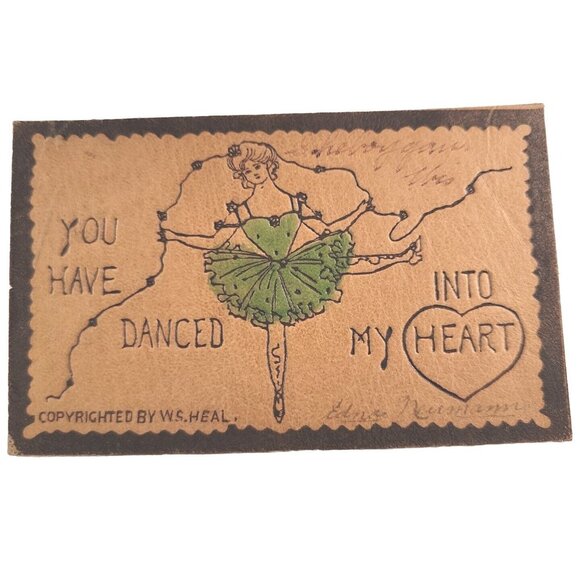 1906s Leather Pioneer PostCard Girl Tinted Green Dress Dancing Oshkosh WI Heart